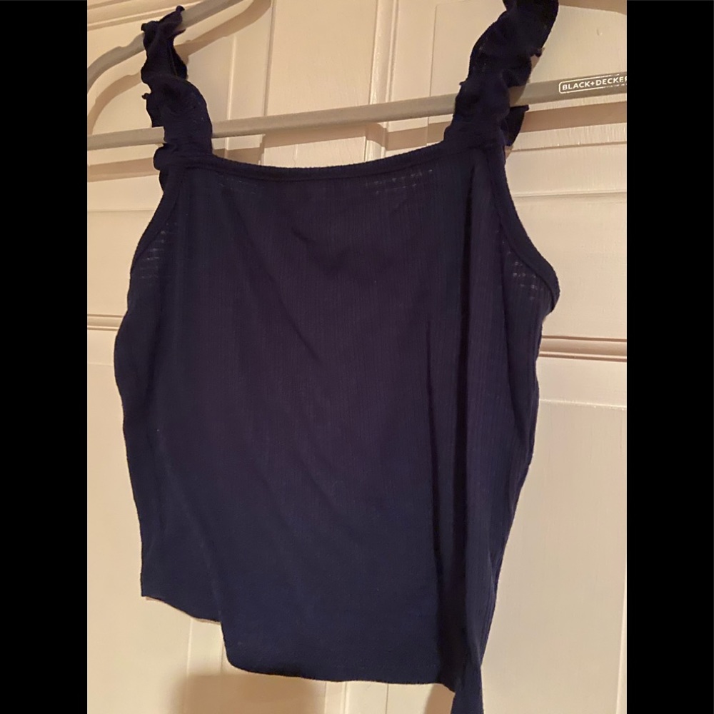 Navy ribbed tank top. Ruffle straps.